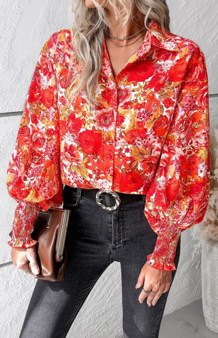 Blouses-Floral Print Blouse | Elegant Button-Up Shirt with Long Sleeves-Pekosa Women Clothing