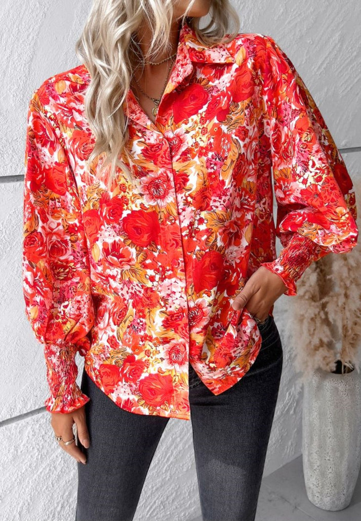 Blouses-Floral Print Blouse | Elegant Button-Up Shirt with Long Sleeves-Pekosa Women Clothing