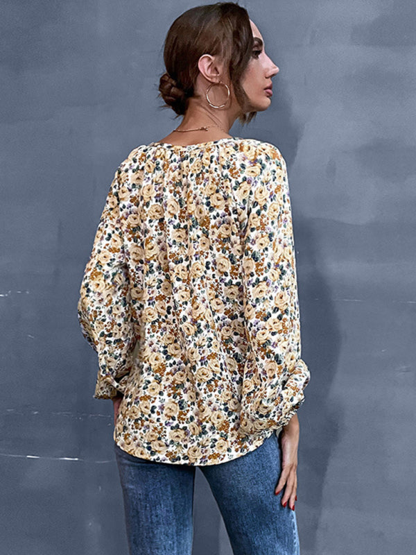 Blouses- Floral Print Delight: Women's Lantern Sleeve Blouse - V Neck Tunic Top- - IndioGear Fashion and Gear