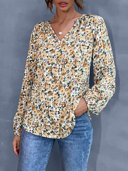 Blouses- Floral Print Delight: Women's Lantern Sleeve Blouse - V Neck Tunic Top- - IndioGear Fashion and Gear