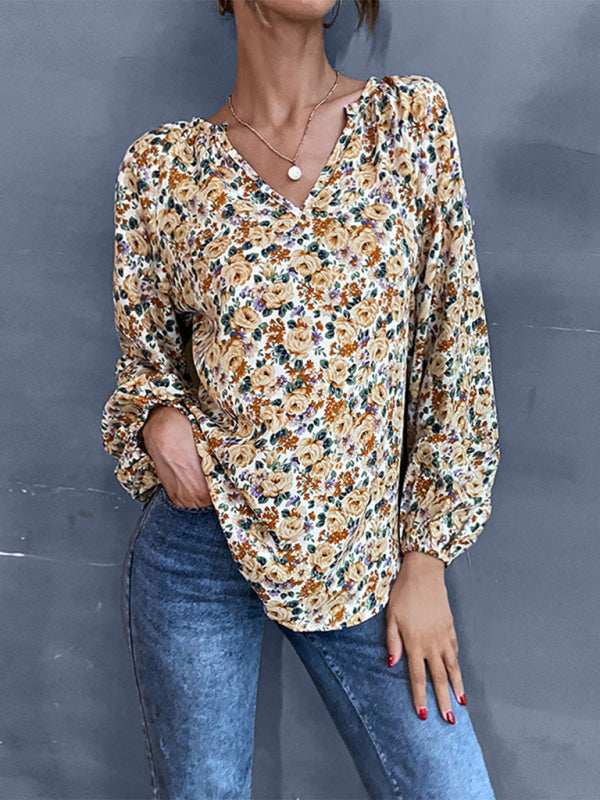 Blouses- Floral Print Delight: Women's Lantern Sleeve Blouse - V Neck Tunic Top- Floral Beige- IndioGear Fashion and Gear