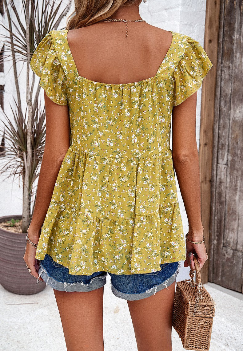 Blouses- Floral Print Flowy Blouse with Tiered Ruffles and Cap Sleeves- - IndioGear Fashion and Gear