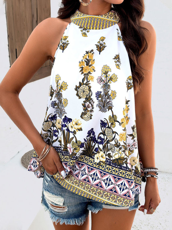 Blouses- Floral Print Halterneck Tank Top with Bowknot Back | Sleeveless Blouse- - IndioGear Fashion and Gear