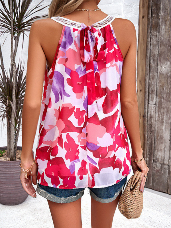 Blouses- Floral Print Sleeveless Crewneck Top in Floral Print- - IndioGear Fashion and Gear