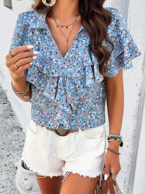 Blouses- Floral Print V-Neck Blouse - Layered Short Sleeves & Ruffles Top- Chuzko Women Clothing