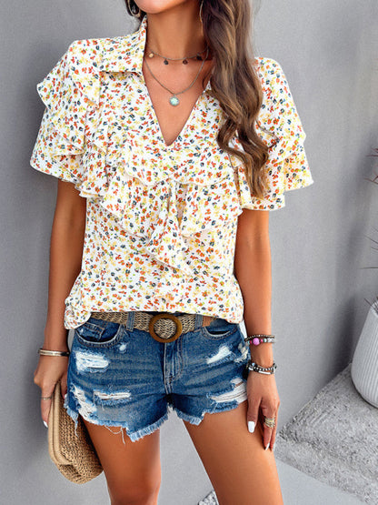 Blouses- Floral Print V-Neck Blouse - Layered Short Sleeves & Ruffles Top- Chuzko Women Clothing