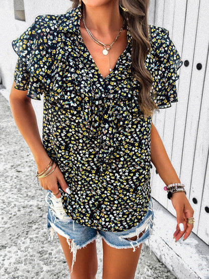 Blouses- Floral Print V-Neck Blouse - Layered Short Sleeves & Ruffles Top- Chuzko Women Clothing