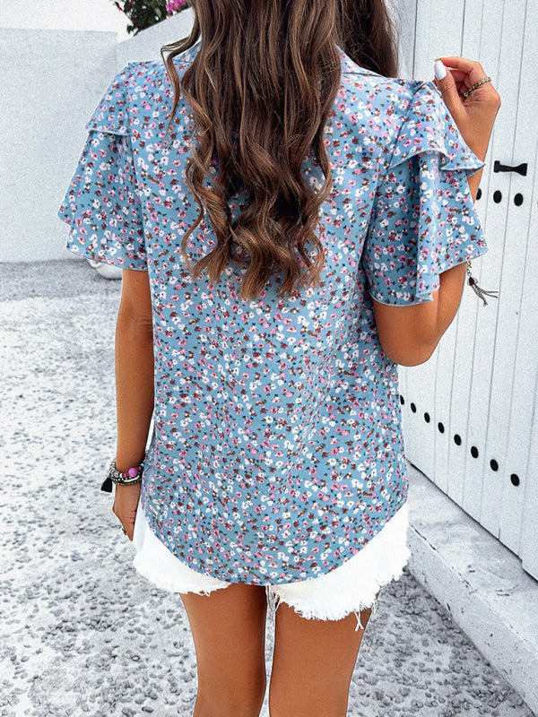 Blouses- Floral Print V-Neck Blouse - Layered Short Sleeves & Ruffles Top- Chuzko Women Clothing