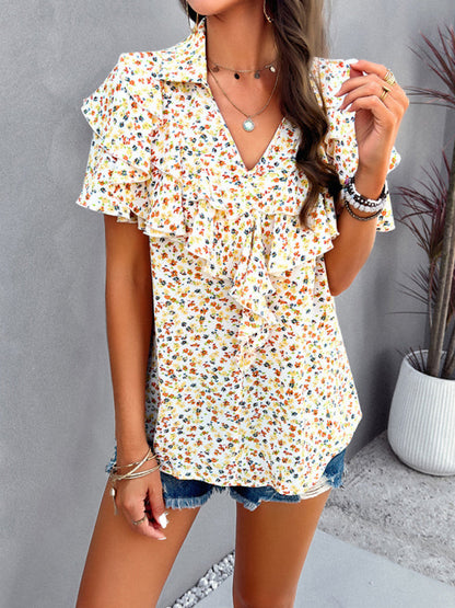 Blouses- Floral Print V-Neck Blouse - Layered Short Sleeves & Ruffles Top- Chuzko Women Clothing