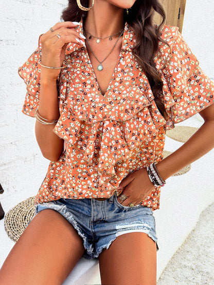 Blouses- Floral Print V-Neck Blouse - Layered Short Sleeves & Ruffles Top- Chuzko Women Clothing