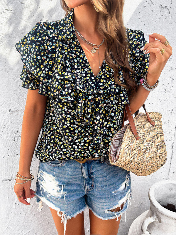 Blouses- Floral Print V-Neck Blouse - Layered Short Sleeves & Ruffles Top- Chuzko Women Clothing