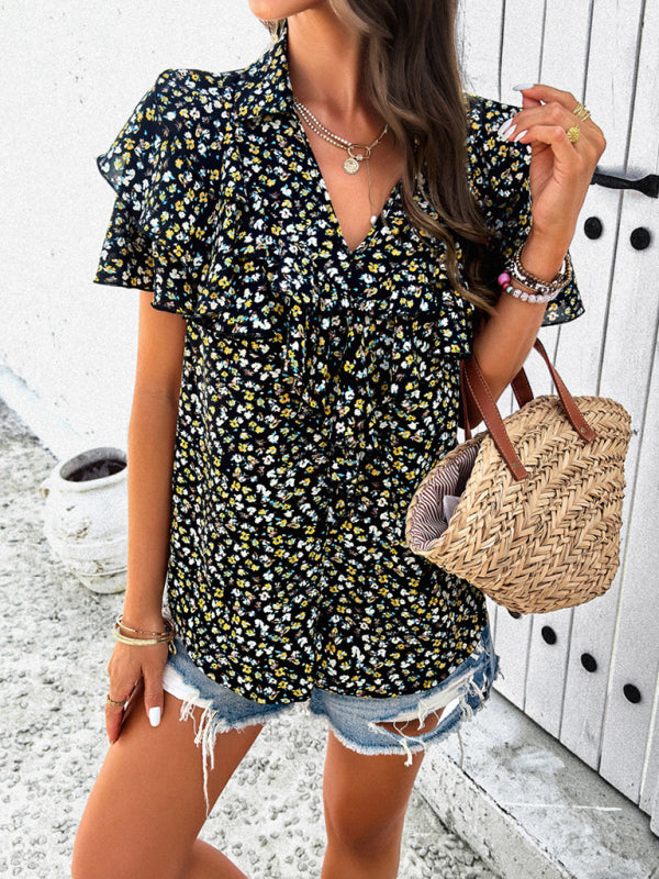 Blouses- Floral Print V-Neck Blouse - Layered Short Sleeves & Ruffles Top- Chuzko Women Clothing