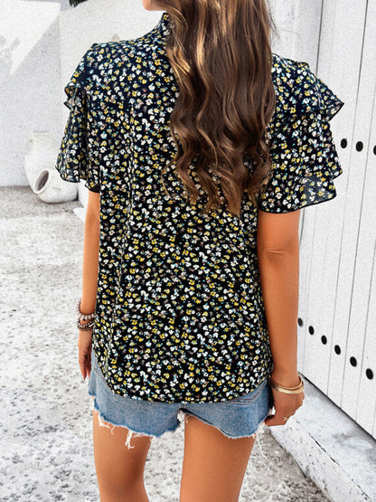 Blouses- Floral Print V-Neck Blouse - Layered Short Sleeves & Ruffles Top- Chuzko Women Clothing