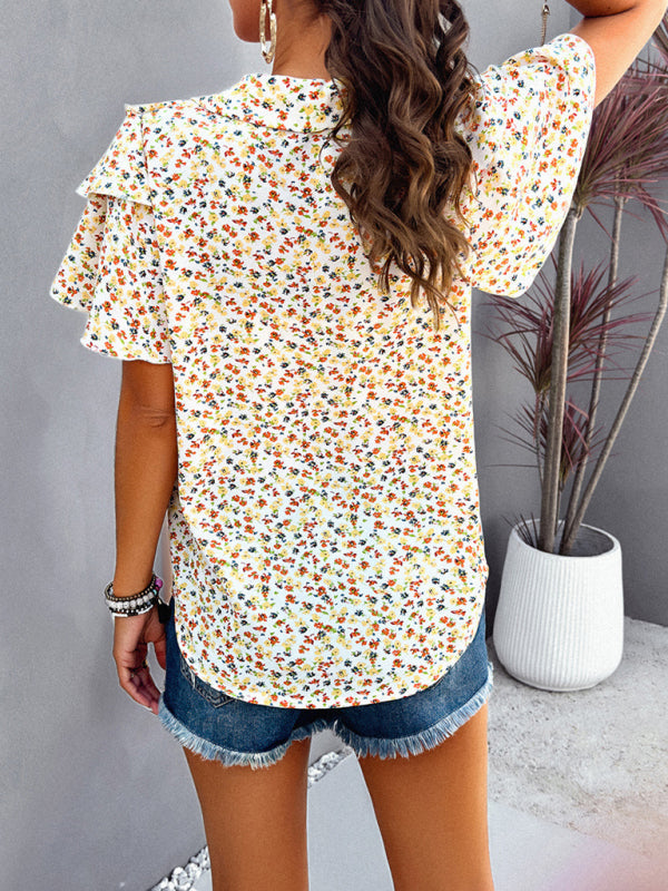 Blouses- Floral Print V-Neck Blouse - Layered Short Sleeves & Ruffles Top- Chuzko Women Clothing