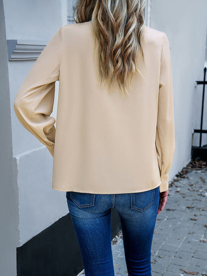 Blouses- Frill Elegant Round Neck Blouse with Long Sleeves in Solid Color- - IndioGear Clothing and Gear