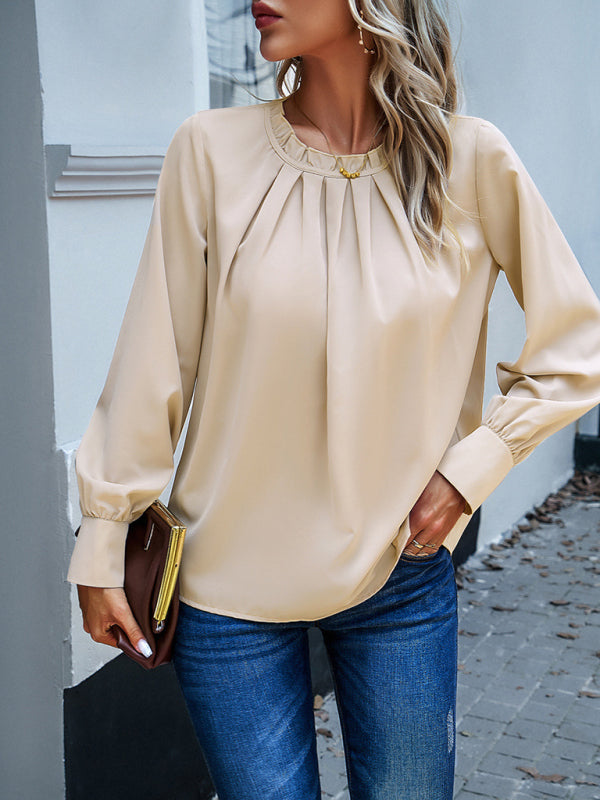 Blouses- Frill Elegant Round Neck Blouse with Long Sleeves in Solid Color- Khaki- IndioGear Clothing and Gear