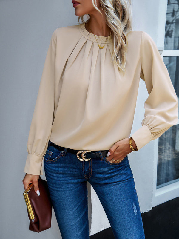 Blouses- Frill Elegant Round Neck Blouse with Long Sleeves in Solid Color- - IndioGear Clothing and Gear