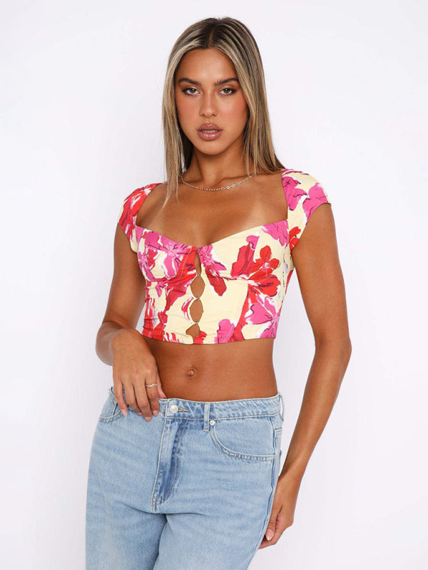 Blouses- Fuchsia Flower Print Cutout Crop Top for Women- Yellow- IndioGear Fashion and Gear