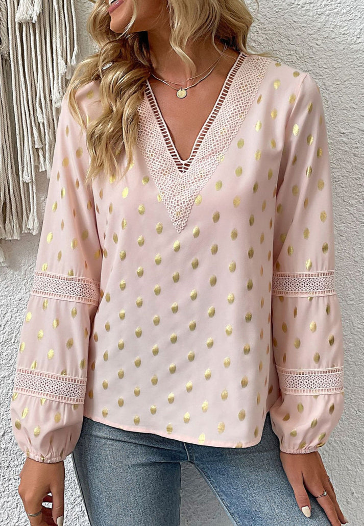 Blouses- Glamorous Gold Dot Lantern Sleeve Tunic Blouse - Must-Have for Women!- - Pekosa Women Clothing