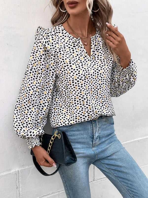 Blouses- Gold Dot Dalmatian print Ruffle Lantern Sleeve Top Blouse- - IndioGear Fashion and Gear