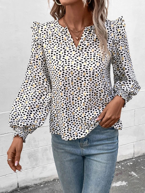 Blouses- Gold Dot Dalmatian print Ruffle Lantern Sleeve Top Blouse- - IndioGear Fashion and Gear