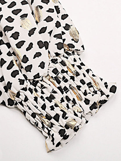 Blouses- Gold Dot Dalmatian print Ruffle Lantern Sleeve Top Blouse- - IndioGear Fashion and Gear