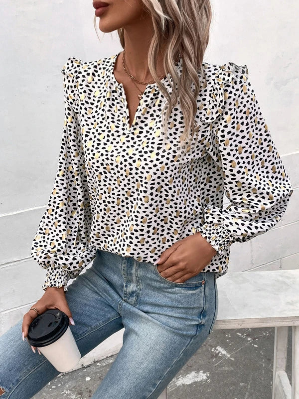 Blouses- Gold Dot Dalmatian print Ruffle Lantern Sleeve Top Blouse- - IndioGear Fashion and Gear