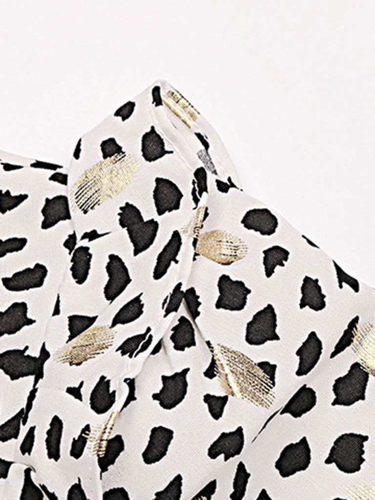 Blouses- Gold Dot Dalmatian print Ruffle Lantern Sleeve Top Blouse- - IndioGear Fashion and Gear