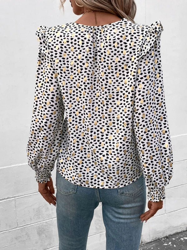 Blouses- Gold Dot Dalmatian print Ruffle Lantern Sleeve Top Blouse- - IndioGear Fashion and Gear