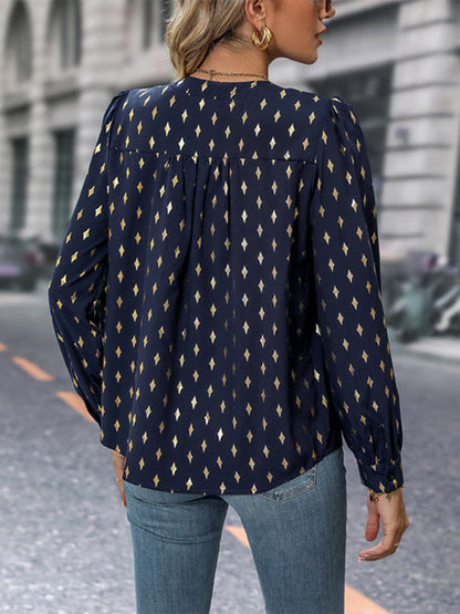 Blouses- Gold Print Long Puff Sleeve Top - Chip Dots Blouse- - IndioGear Fashion and Gear