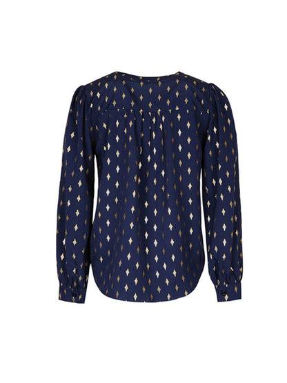 Blouses- Gold Print Long Puff Sleeve Top - Chip Dots Blouse- - IndioGear Fashion and Gear