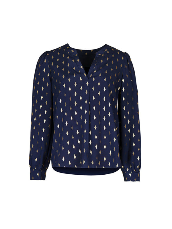 Blouses- Gold Print Long Puff Sleeve Top - Chip Dots Blouse- - IndioGear Fashion and Gear