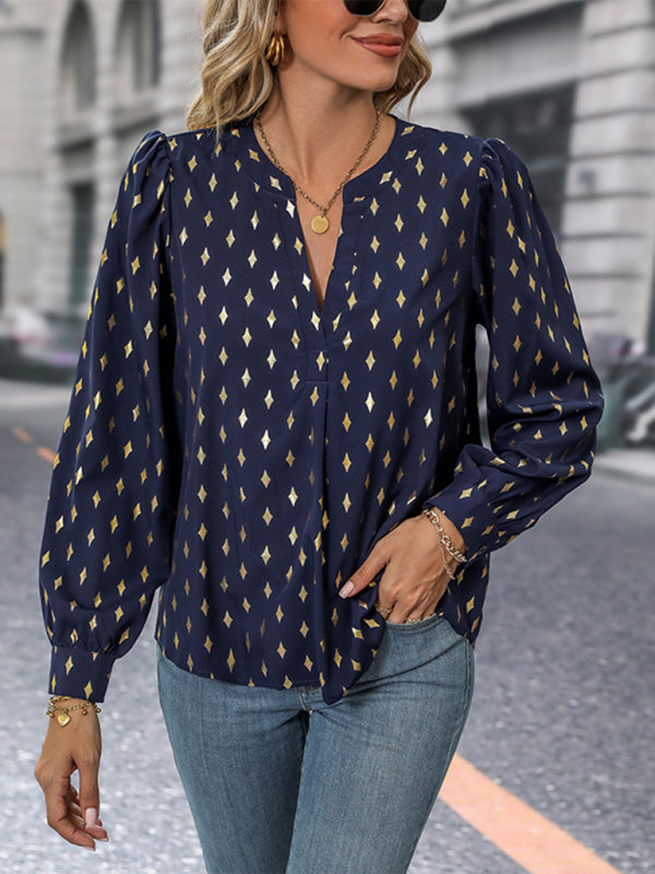 Blouses- Gold Print Long Puff Sleeve Top - Chip Dots Blouse- - IndioGear Fashion and Gear