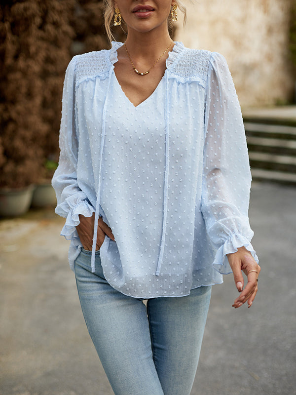 Blouses- Graceful Swiss Dot Blouse with Long Sleeve & V-Neck Design- - IndioGear Clothing and Gear