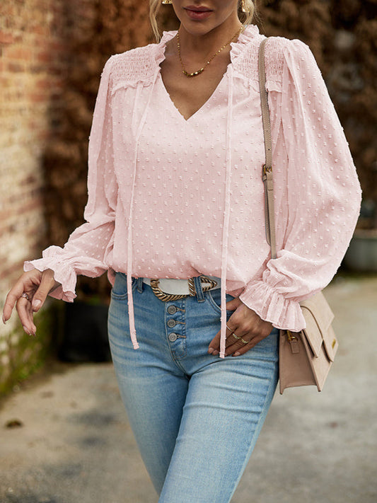 Blouses- Graceful Swiss Dot Blouse with Long Sleeve & V-Neck Design- Pink- IndioGear Clothing and Gear