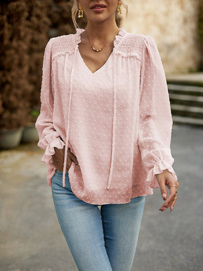 Blouses- Graceful Swiss Dot Blouse with Long Sleeve & V-Neck Design- - IndioGear Clothing and Gear