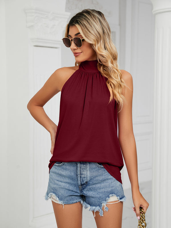 Blouses- Halter Neck Sleeveless Blouse | Solid Knot Back Top- Chuzko Women Clothing