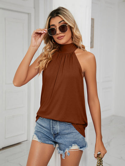 Blouses- Halter Neck Sleeveless Blouse | Solid Knot Back Top- Chuzko Women Clothing