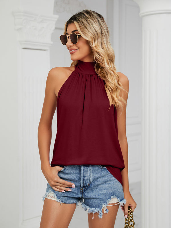 Blouses- Halter Neck Sleeveless Blouse | Solid Knot Back Top- Chuzko Women Clothing