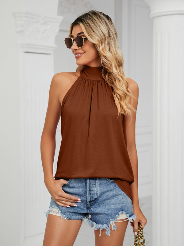 Blouses- Halter Neck Sleeveless Blouse | Solid Knot Back Top- Chuzko Women Clothing