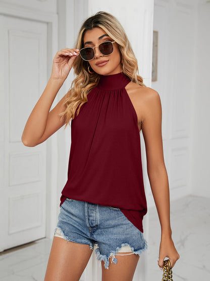 Blouses- Halter Neck Sleeveless Blouse | Solid Knot Back Top- Chuzko Women Clothing