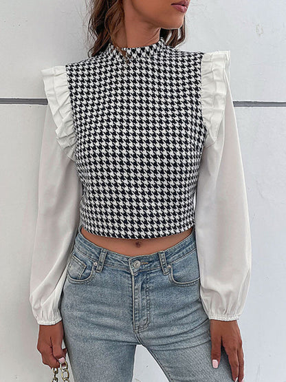 Blouses- Houndstooth Frill Long Sleeve Crop Top - Blouse- - IndioGear Fashion and Gear