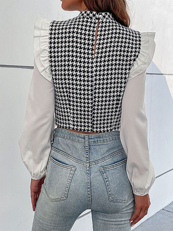 Blouses- Houndstooth Frill Long Sleeve Crop Top - Blouse- - IndioGear Fashion and Gear