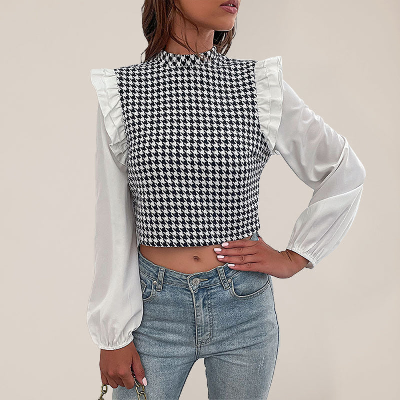 Blouses- Houndstooth Frill Long Sleeve Crop Top - Blouse- White- IndioGear Fashion and Gear