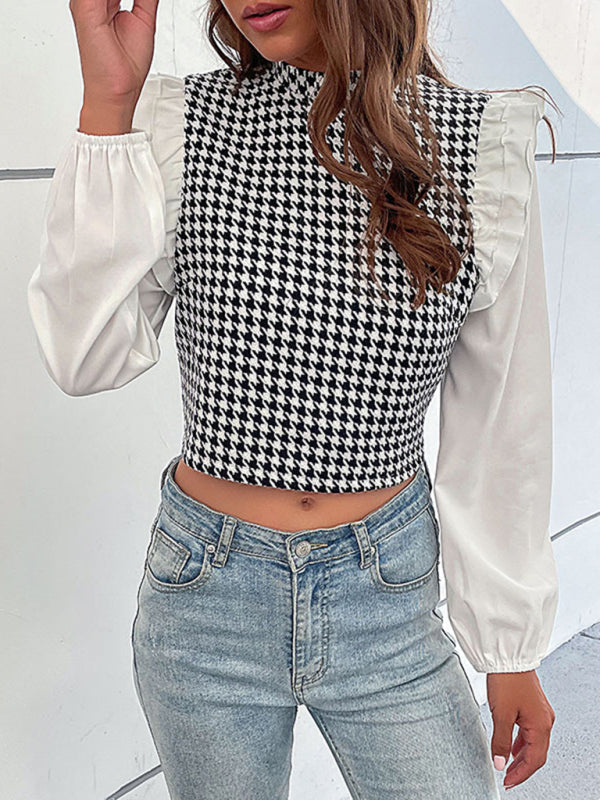 Blouses- Houndstooth Frill Long Sleeve Crop Top - Blouse- - IndioGear Fashion and Gear