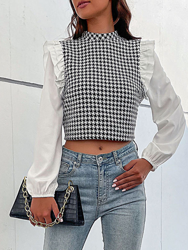 Blouses- Houndstooth Frill Long Sleeve Crop Top - Blouse- - IndioGear Fashion and Gear