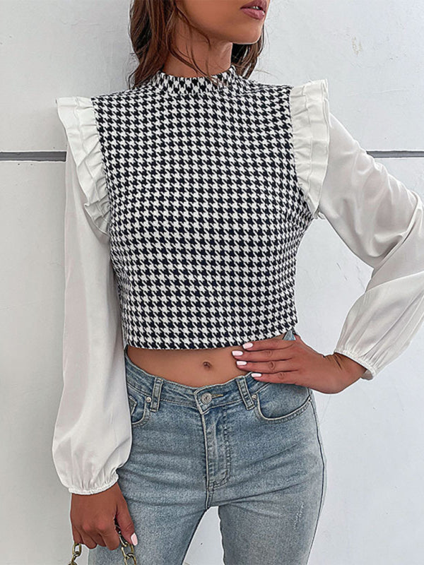 Blouses- Houndstooth Frill Long Sleeve Crop Top - Blouse- - IndioGear Fashion and Gear