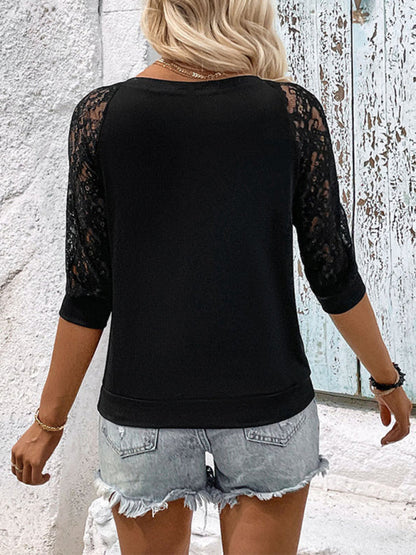 Blouses- Irresistible Style: Women's 3/4 Sleeve Lace Insert V Neck Blouse- - IndioGear Fashion and Gear