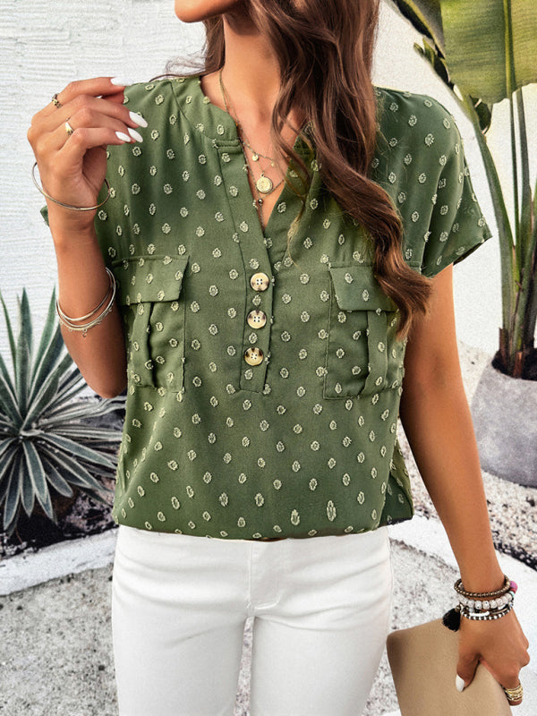 Blouses- Jacquard Swiss Dot Blouse - Short Sleeves Top with Flap Pockets- Chuzko Women Clothing