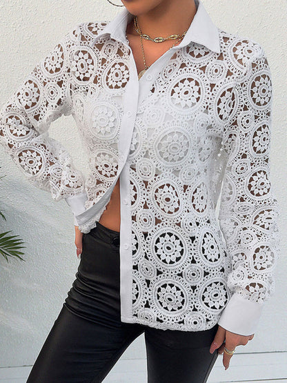 Blouses- Lace See-Through Long Sleeve Shirt | Collared Blouse- - IndioGear Fashion and Gear